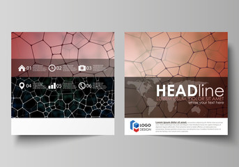 Business templates for square design brochure, flyer. Leaflet cover, vector layout. Chemistry pattern, molecular texture, polygonal molecule structure, cell. Medicine, science or microbiology concept.