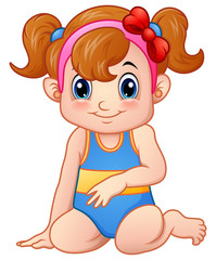 Cute girl cartoon sitting wearing swimsuit and red bow