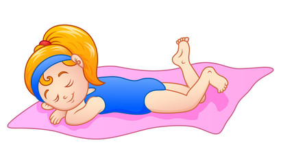 Cartoon little girl sunbathing on the towel