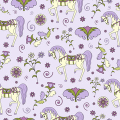Seamless texture, floral pattern with a horse