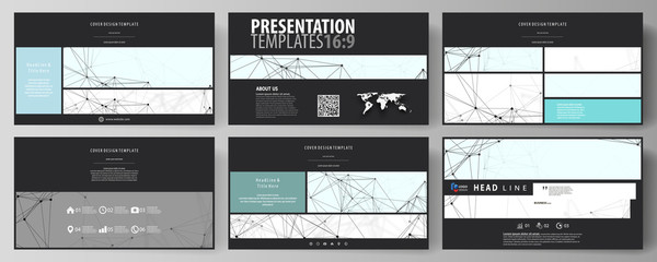 Business templates in HD format for presentation slides. Abstract vector layouts in flat design. Chemistry pattern, connecting lines and dots, molecule structure on white, geometric graphic background