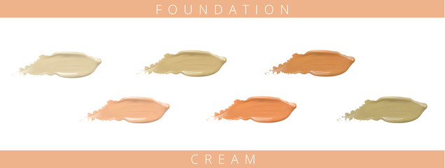 Cosmetic liquid foundation cream set in different colour smudge smear strokes. Make up smears isolated on white background.