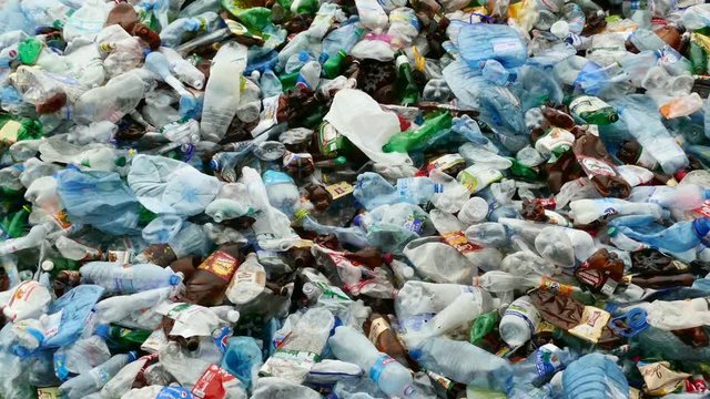 Kiev, Ukraine, November 2016: Used plastic bottles are sorted for further processing at a waste recycling plant