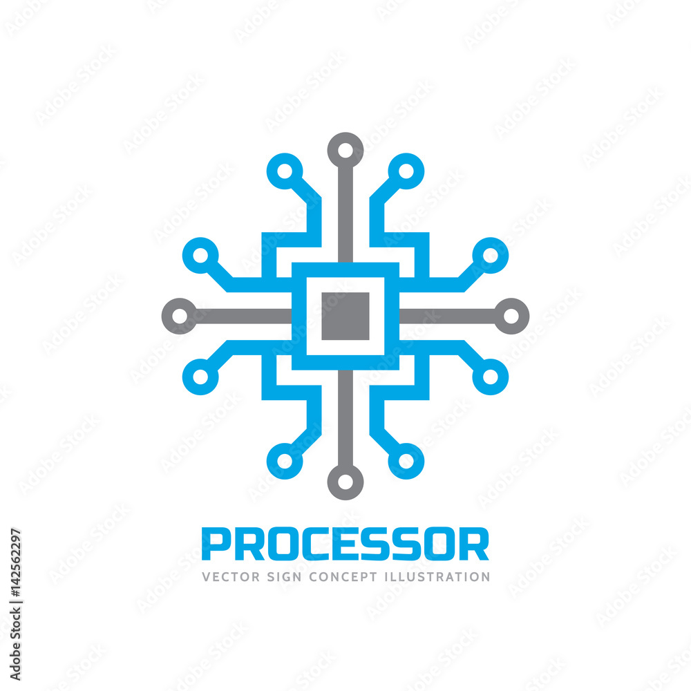 Poster processor cpu - vector logo template for corporate identity. abstract computer chip sign. network, i