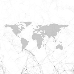 Chemistry pattern, dotted world map, connecting lines and dots, molecule structure on white. Scientific medical DNA research. Medicine, science, technology concept. Geometric design background.
