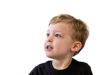 Happy three year old boy isolated on white background. Space for your text.