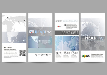 The minimalistic abstract vector illustration of the editable layout of four modern vertical banners, flyers design business templates. Technology concept. Molecule structure, connecting background.