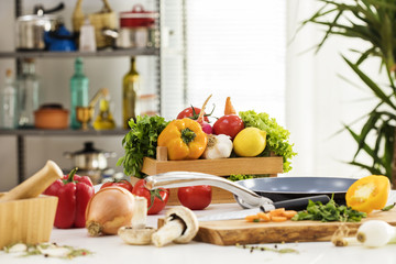 Vegetables on white table