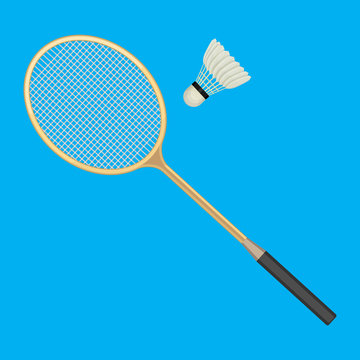 Badminton racket and white shuttlecock with black line.