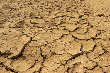 Dry lake bed with natural texture of cracked clay in perspective floor. Death Valley field . background. Selective focus on black soil dark land. Idea concept symbol disaster ecology in nature