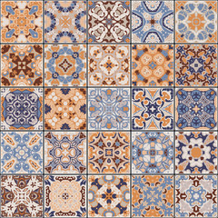A collection of ceramic tiles in retro colors. A set of square patterns in ethnic style. Vector illustration.