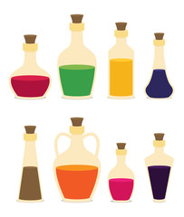 Set of cartoon bottles and potions. Flat vector.