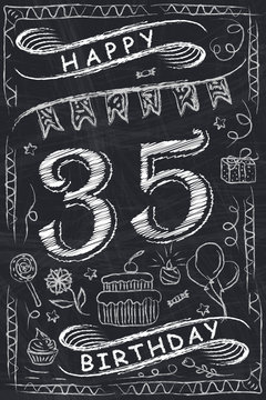 Anniversary Happy Birthday Card Design on Chalkboard. 35 Years
