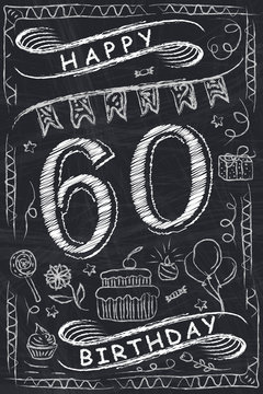 Anniversary Happy Birthday Card Design on Chalkboard. 60 Years