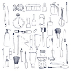 Fashion cosmetics set with make up artist objects. Contour vector hand drawn illustration collection.