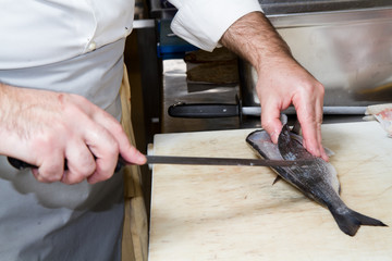 cook preparing salmon to be cooked