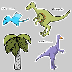 set of stickers stylized dinosaur and tree