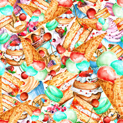     Seamless vintage pattern with watercolor. Vintage drawing - cakes, desserts, macaroon, Piece, cake, biscuit, cream, ice cream, berries. Done in hand-made graphics with watercolors.