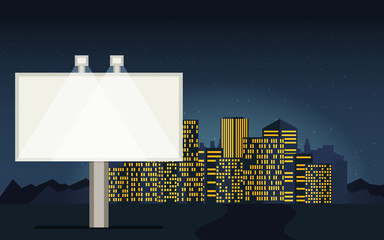 Night cityscape background with buildings, sky, stars. Empty urban big board with lamp