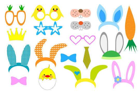 Easter photo booth and scrapbooking vector set. Set of Easter Party graphic elements. Vector illustration Mask, Photobooth Props.
