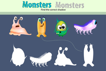 Education game for children. Find the correct shadow with monster,