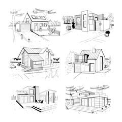 Obraz premium Hand drawn cottage. modern private residential houses. sketch illustrations set.