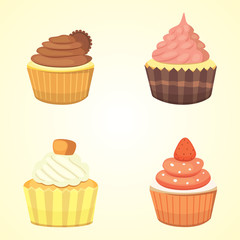 Set of cute vector cupcakes and muffins. Colorful cupcake isolated for food poster design.