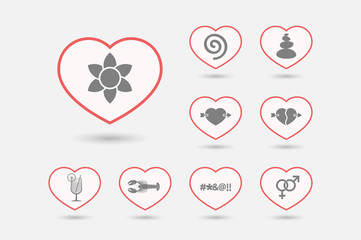 Set of line art hearts with  Zen and relaxation related icons