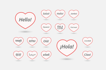 Set of line art hearts with  the word hello in different languages