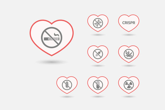 Set of line art hearts with  health and wellness related icons