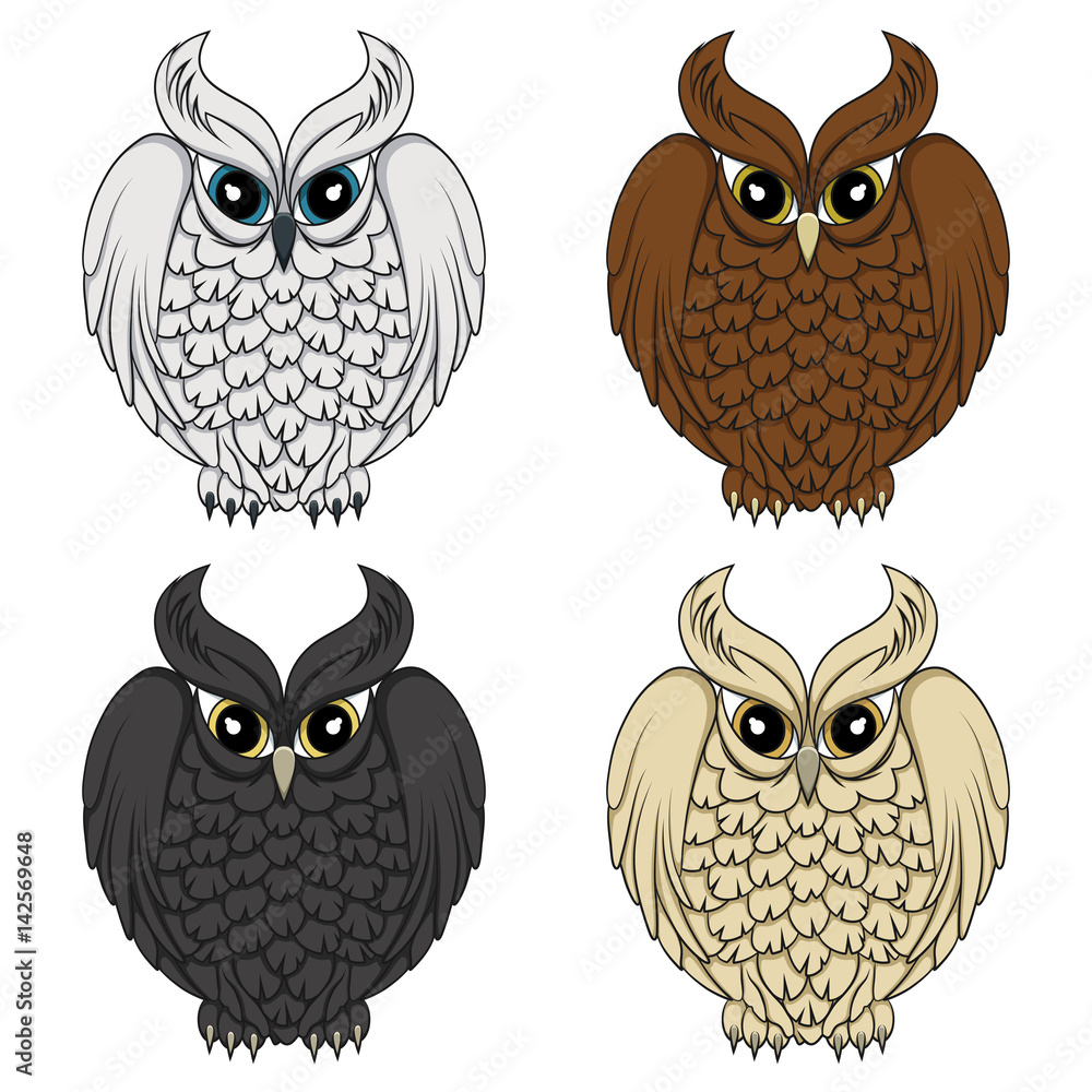 Aufkleber set of color images with owls. vector isolated objects on white background.