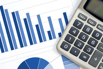 fall down trend report concept with blue charts