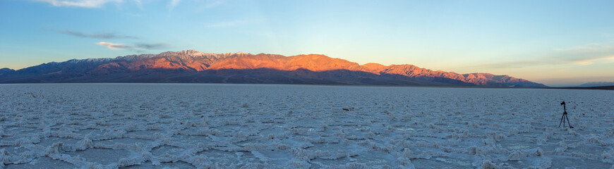 A beautiful sunrise seen from Badwater Basin in Death Valley National Park, California. 