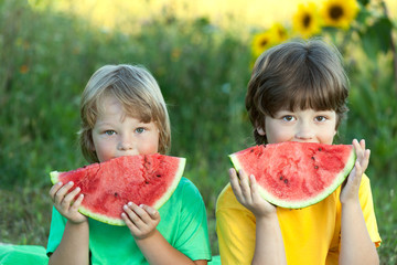 Happy child eating watermelon in garden. Two boys with fruit in park.