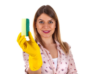 Beautiful lady holding a cleaning brush