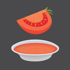 Collection of fresh red tomatoes and soup vector illustrations. Half, slice, cherry tomato.