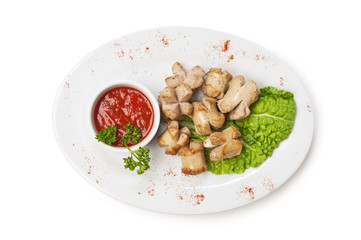 chopped sausages fried with vegetables and spices