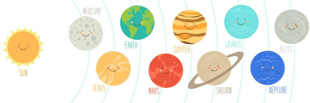 Cute smiling cartoon characters of planets of solar system. Childish background