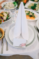 Triangle of serviette stands on dinner plate