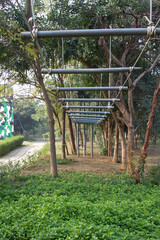 Small rope bridge for recreational use at a resort on the outskirts of Gurgaon, Haryana (India). Vertical shot.