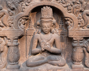 Crowned Buddha, from 9th century found in Uttar Pradesh now exposed in the Indian Museum in Kolkata, West Bengal, India on 