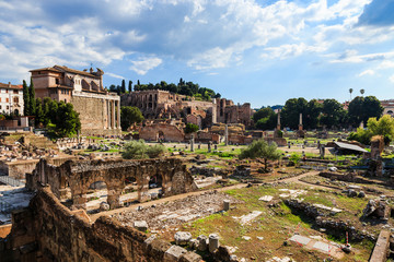 Roman ruins in Rome, Forum (Foro Romano). Popular touristic destination. Italy