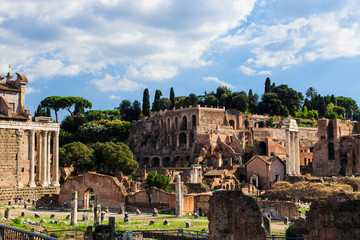 Roman ruins in Rome, Forum (Foro Romano). Popular touristic destination. Italy