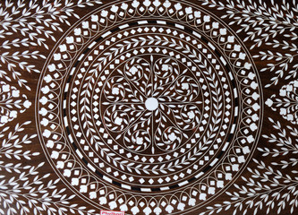 Indian marquetry panel with circular and floral pattern, part of a table, souvenir shop in Kolkata,...