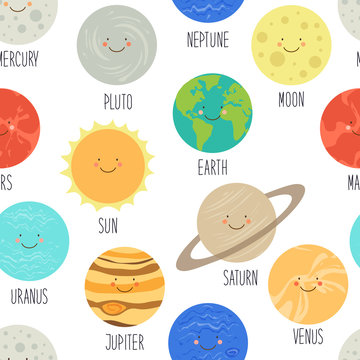 Cute seamless pattern with smiling cartoon characters of planets of solar system. Childish background