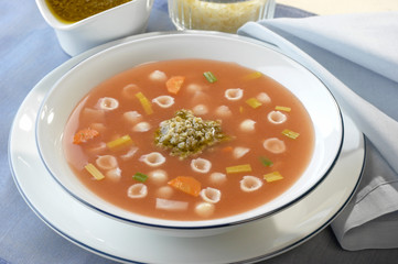 pasta soup with vegetables and pesto