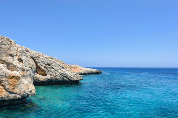 Pirate bay in protaras paralimni, immaculate water, blue sea and rocks, cyprus island