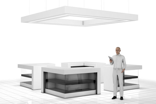 Large Exhibition Stand With Tables Showcases And A Man With A Tablet. 3d Image, Isolated On White.