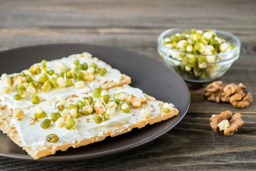 Vegetarian toast smeared with cream cheese, sprouts beans, gluten-free