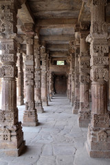 Columns with stone carving in courtyard of Quwwat-Ul-Islam mosque, Qutab Minar complex, Delhi, India 